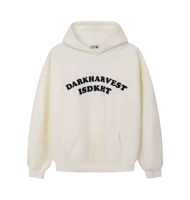 Embroidered Letter Hoodie – Loose Fit featuring bold 'DARKHARVEST ISDKHT' embroidery on a cream background.