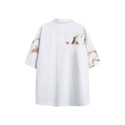 Flame Lace Patchwork Shirt – Loose Fit, back view showcasing bold Japanese-inspired patchwork design.