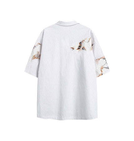 Flame Lace Patchwork Shirt – Loose Fit, back view showcasing bold Japanese-inspired patchwork design.