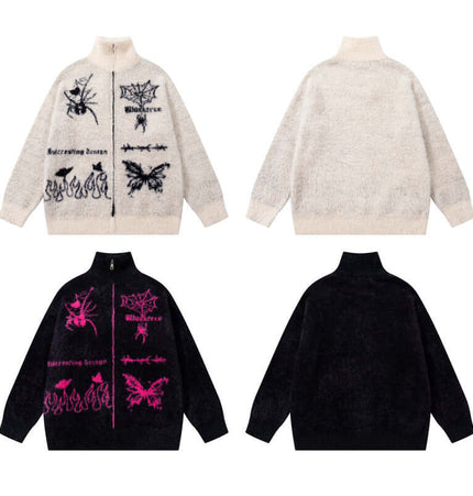 Casual Butterfly Spider Jacquard Cardigan featuring artistic butterfly and spider designs in vintage style.