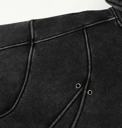 American Retro Washed Hoodie – Loose Fit close-up showing unique stitching and detail in black fabric.