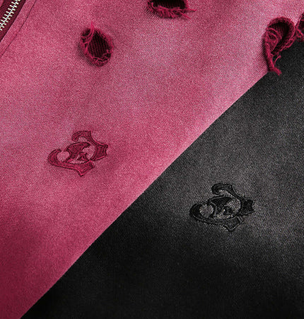 Close-up of the Tie-Dye Gradient Half-Zip Hoodie – Loose Fit showcasing distressed details and embroidered logos.