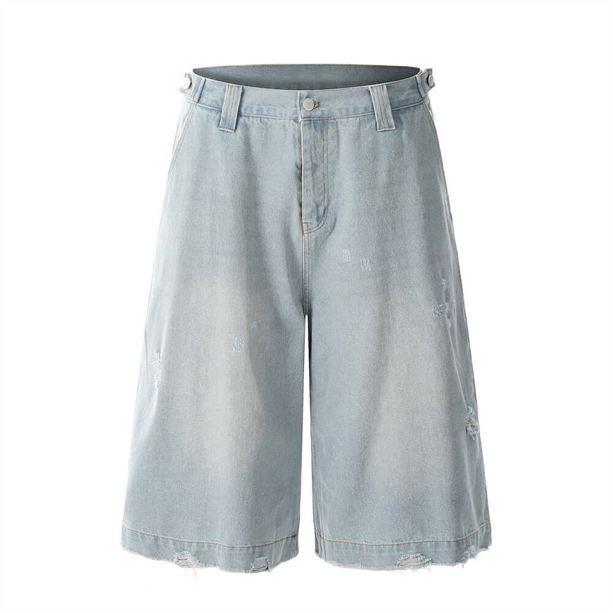 Model wearing Blue hole washed denim shorts pants by Grozavu