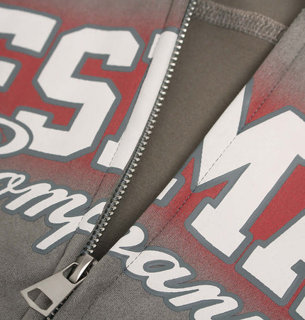 Faux Suede Print Zip-Up Hoodie – Loose Fit close-up showing the zip and print detail.