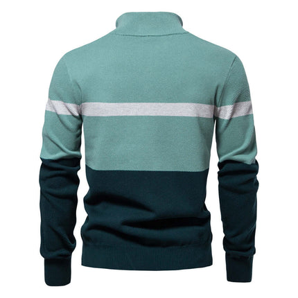 Stand Collar Half-Zip Knit Sweater in color-blocked teal and navy for modern autumn style.