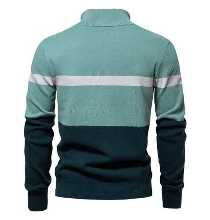 Stand Collar Half-Zip Knit Sweater in color-blocked teal and navy for modern autumn style.