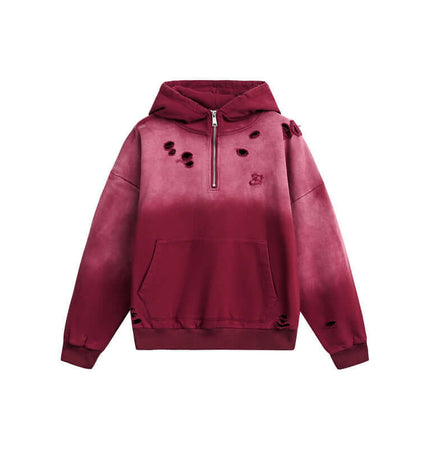 Half-Zip Printed Hoodie – Loose Fit in burgundy with distressed details and half-zip design for a stylish casual look.