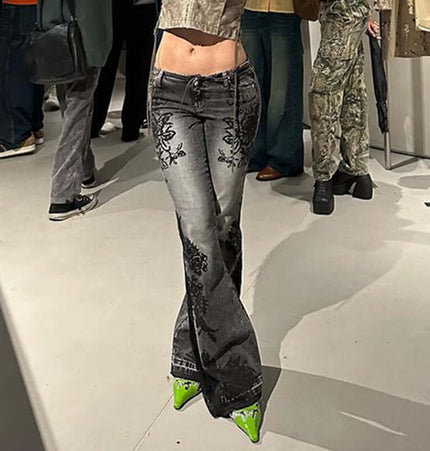 Retro Plant Print Slim Flared Jeans featuring a vintage-inspired design with plant print detailing.