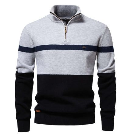 Stand Collar Half-Zip Knit Sweater in gray and navy color-blocked design, perfect for autumn wear.