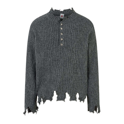 Ripped Hem Knit Cardigan – Loose Fit featuring a distressed ripped hem and casual button details.