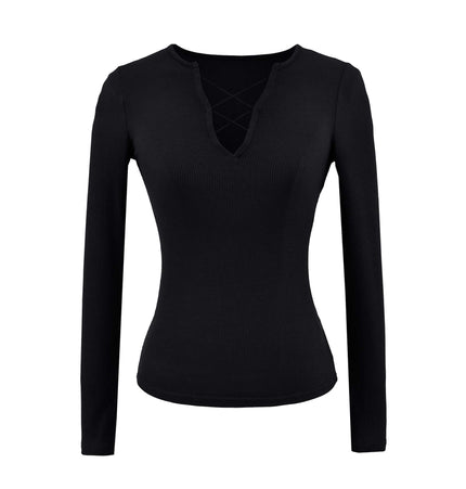 Schmal geschnittenes Träger V-Ausschnitt Langarmtop