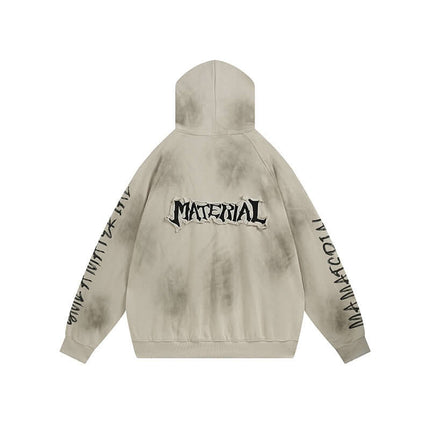 Retro Patchwork Zip Up Hoodie – Loose Fit, featuring a unique design with distressed details and bold lettering.