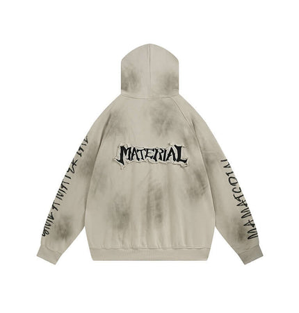 Retro Patchwork Zip Up Hoodie – Loose Fit, featuring a unique design with distressed details and bold lettering.