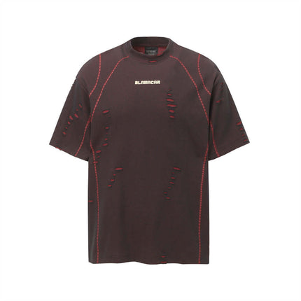 Distressed Short Sleeve TShirt – Loose Fit featuring patchwork and ripped detailing in a stylish dark color.