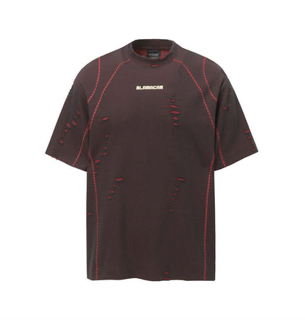 Distressed Short Sleeve TShirt – Loose Fit featuring patchwork and ripped detailing in a stylish dark color.