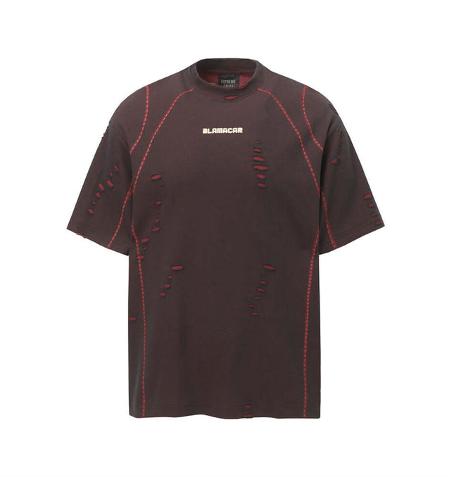 Distressed Short Sleeve TShirt – Loose Fit featuring patchwork and ripped detailing in a stylish dark color.