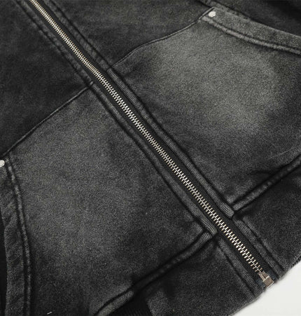 Retro Washed Zip Up Hoodie – Loose Fit showing the distressed black fabric and zipper details.