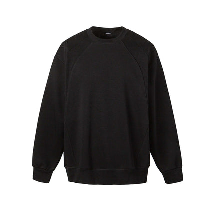 Round Neck Patchwork Pullover Hoodie in black color, featuring a relaxed fit and soft fabric for casual wear.