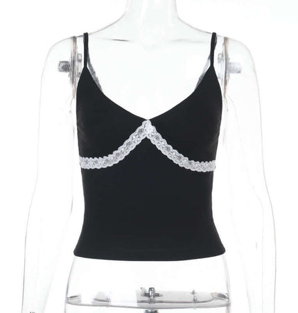 Lace Patchwork VNeck Top – Slim Fit featuring a delicate lace design and modern street style.