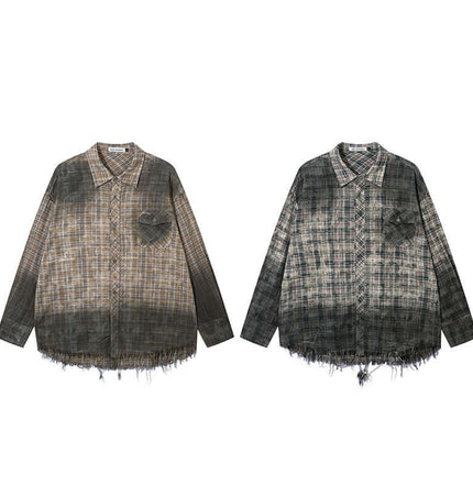 Radiant Plaid Distressed Shirt – Loose Fit in two colors with frayed hem and stylish plaid pattern.