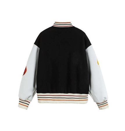 Back view of the Color-Block Baseball Jacket – Loose Fit, showcasing a vibrant design and modern retro style.