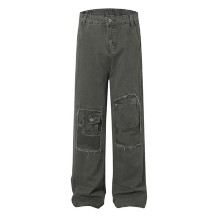 Distressed Patch Pocket Denim Pants featuring bold patch pockets and a washed distressed finish.