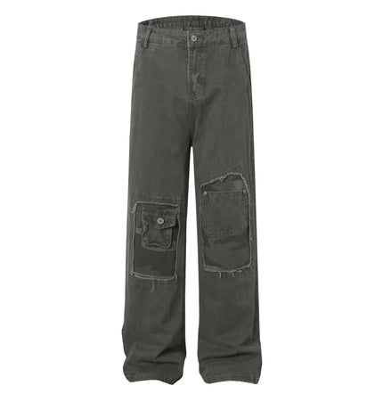 Distressed Patch Pocket Denim Pants featuring bold patch pockets and a washed distressed finish.