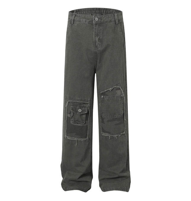 Distressed Patch Pocket Denim Pants featuring bold patch pockets and a washed distressed finish.
