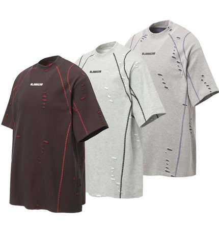 Distressed Short Sleeve TShirt – Loose Fit in three colors featuring patchwork and ripped detailing