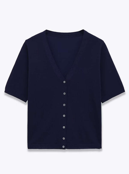 Model wearing Navy Blue v neck single breasted jacket by Grozavu