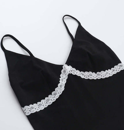 Lace Patchwork VNeck Top – Slim Fit featuring a delicate lace trim on a black background.