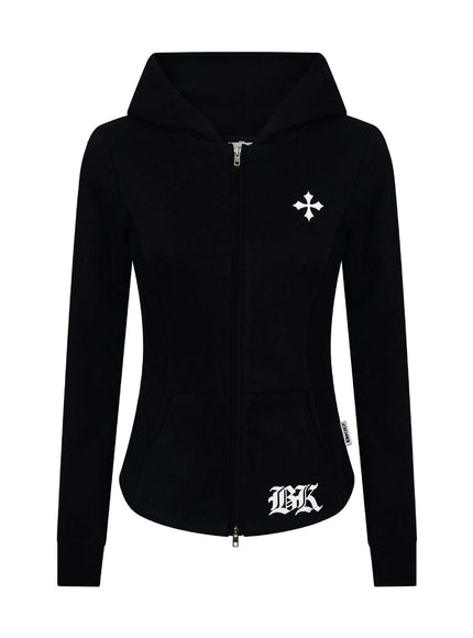 Model wearing Gray letter cross zipper cardigan by Grozavu