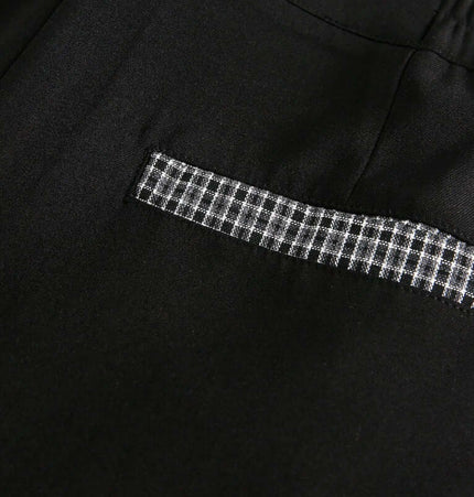 Wide Leg Pleated Plaid Trousers featuring a stylish plaid ribbon detail on the pocket for a casual touch.