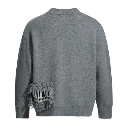 Fringe Patchwork Knit Sweater – Loose Fit showcasing a gray back view with fringe detail and relaxed fit.