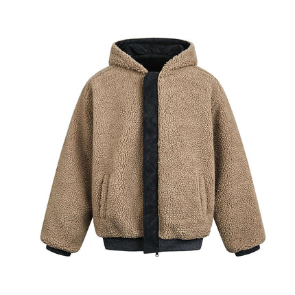 Lamb Wool Cotton Double-Sided Jacket featuring a cozy hood and soft fleece lining for ultimate comfort.