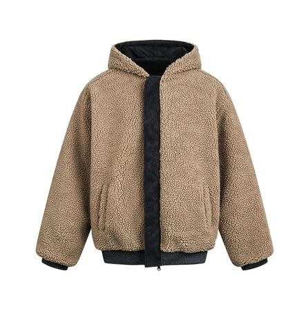 Lamb Wool Cotton Double-Sided Jacket featuring a cozy hood and soft fleece lining for ultimate comfort.