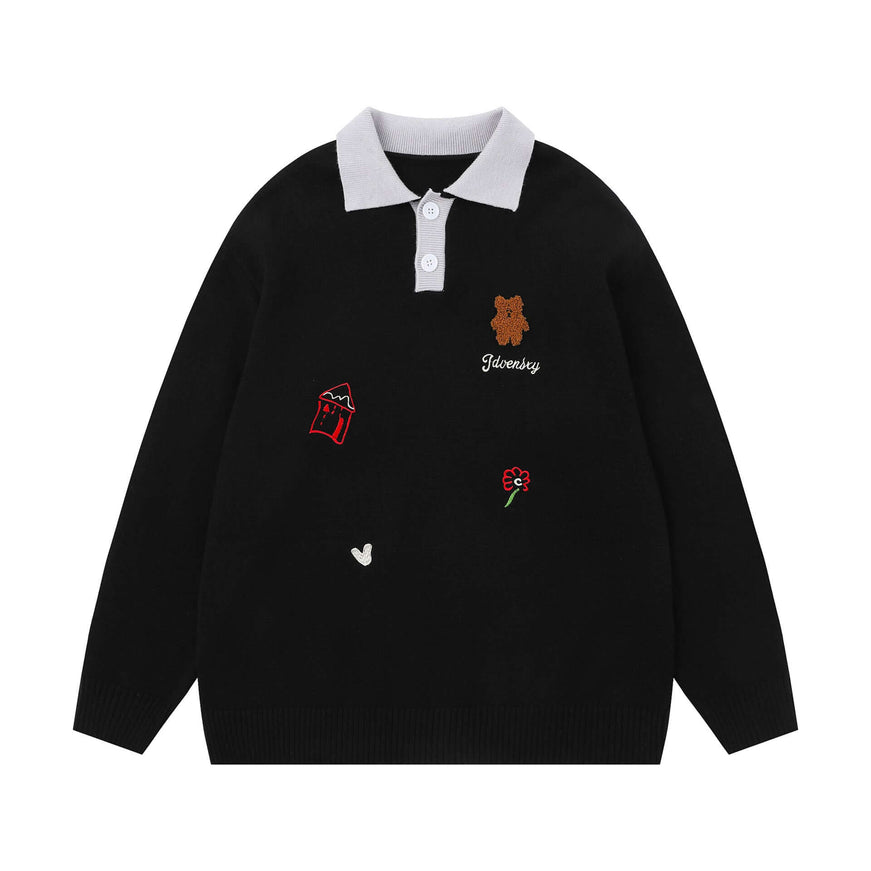 Black polo neck sweater japanese knitwear with Grozavu logo