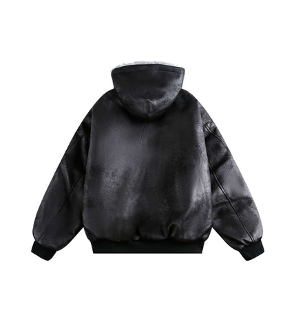 Back view of Crack Pattern Leather Jacket – Loose Fit in black with hoodie, showcasing its unique crack-pattern design.