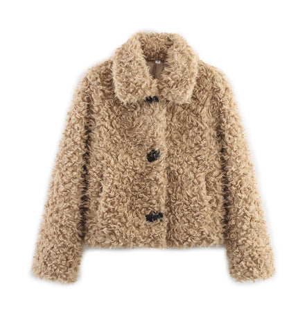 Collar Fur One-Piece Coat – Regular Fit in soft fur texture and khaki color, featuring a classic flip collar.