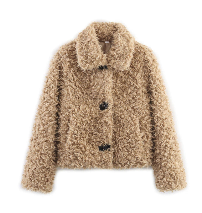 Collar Fur One-Piece Coat – Regular Fit in soft fur texture and khaki color, featuring a classic flip collar.