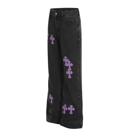 Retro Cross Flared Denim Pants – Slim Fit showcasing eye-catching cross appliqué detailing and a dramatic flared hem.