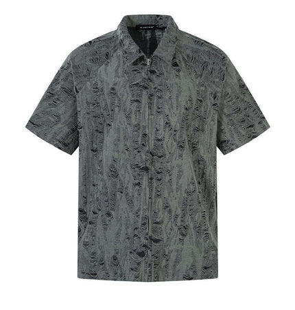Distressed Short Sleeve Shirt - Loose Fit in grey, featuring a zipper and casual distressed design for summer wear.