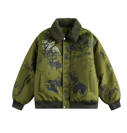 Retro Floral Padded Jacket – Loose Fit in olive green with bold graphic design and a cozy collar, perfect for winter styling.