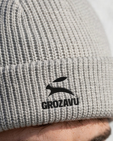 Close-up of the thick ribbed knit on the Athletic Heather beanie