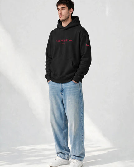 Black lined-hood sweatshirt in 280 g/m² GOTS organic cotton