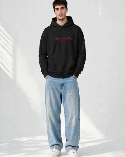 Black 280 g/m² organic cotton hoodie with lined hood, worn front view