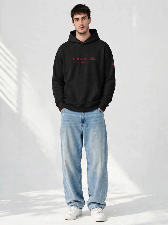 Black 280 g/m² organic cotton hoodie with lined hood, worn front view