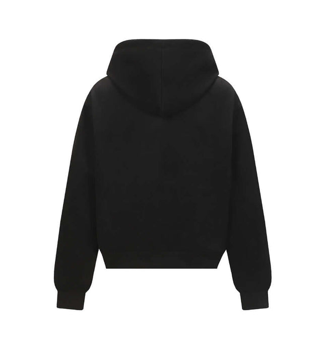 Back view of the Letter Print Hooded Sweatshirt - Loose Fit in black, showcasing its hood and relaxed silhouette.