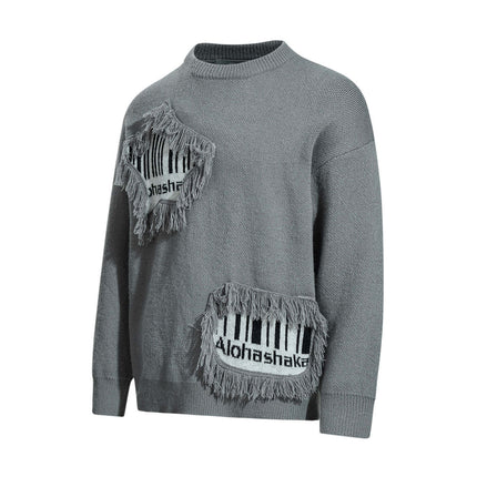 Fringe Patchwork Knit Sweater – Loose Fit in grey with fringe and textured details.