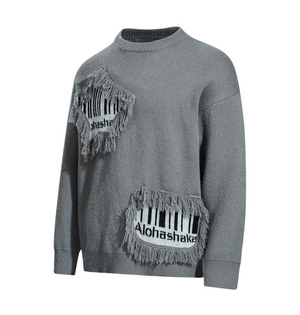 Fringe Patchwork Knit Sweater – Loose Fit in grey with fringe and textured details.